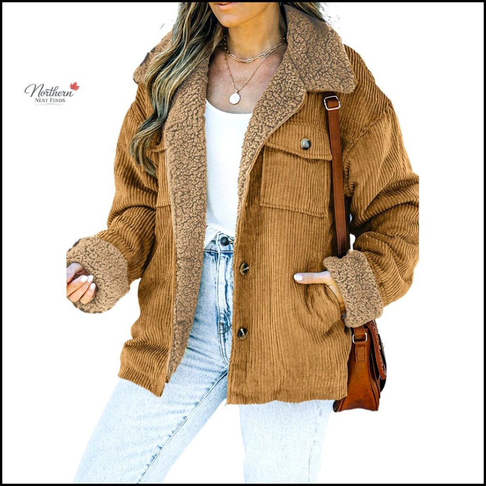 Corduroy Sherpa Jacket Women's Button Down Fleece Collar Winter Coat Casual